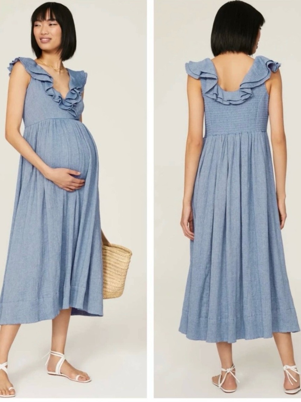 Hatch Chambray Blue Ruffle Maternity Midi Dress
